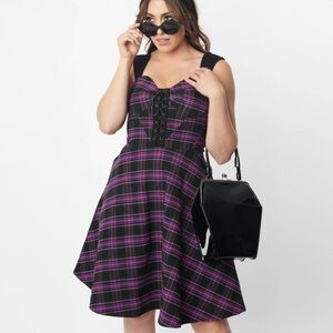 Unique Vintage Purple Plaid Corset Flare Dress